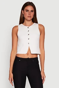 Womens Metallic Button Front Sleeveless Sweater Vest, White, Size S