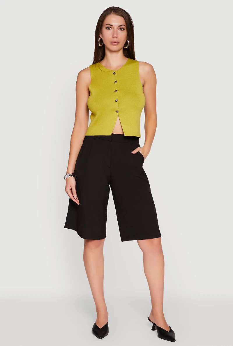 Womens Metallic Button Front Sleeveless Sweater Vest, Green, Size M