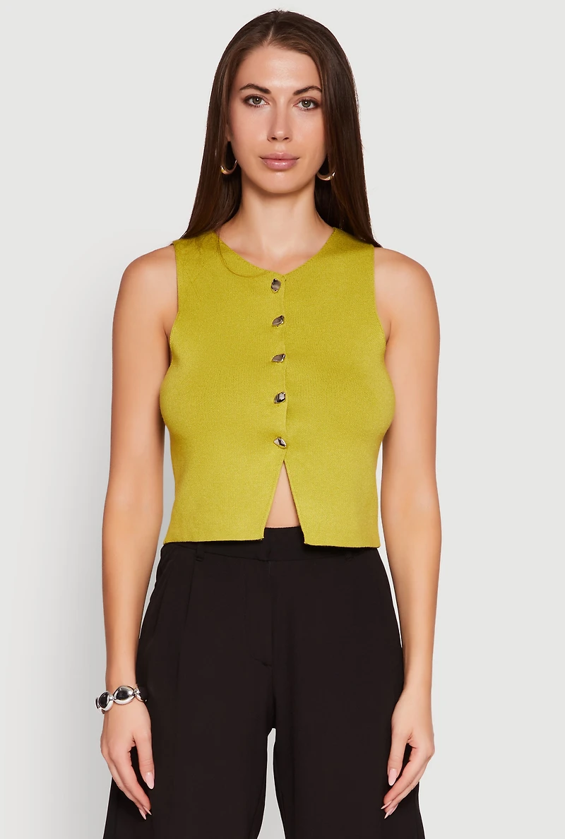 Womens Metallic Button Front Sleeveless Sweater Vest, Green, Size M