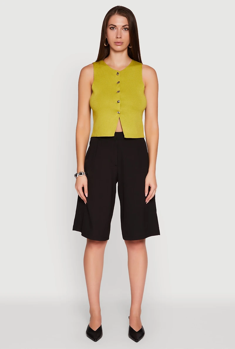 Womens Metallic Button Front Sleeveless Sweater Vest, Green, Size L