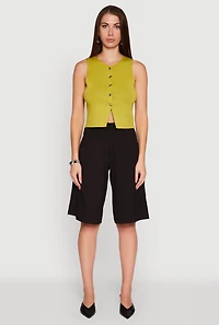 Womens Metallic Button Front Sleeveless Sweater Vest, Green, Size M