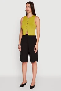 Womens Metallic Button Front Sleeveless Sweater Vest, Green, Size L