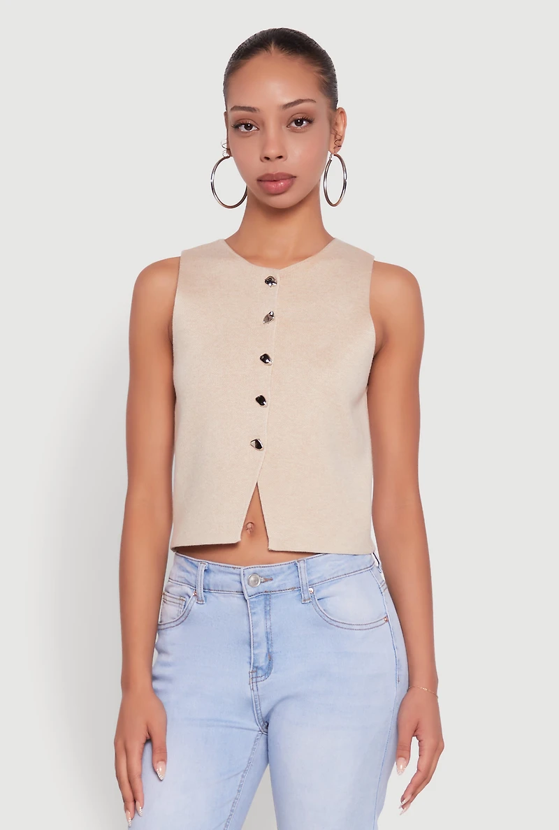 Womens Metallic Button Front Sleeveless Sweater Vest, Beige, Size M