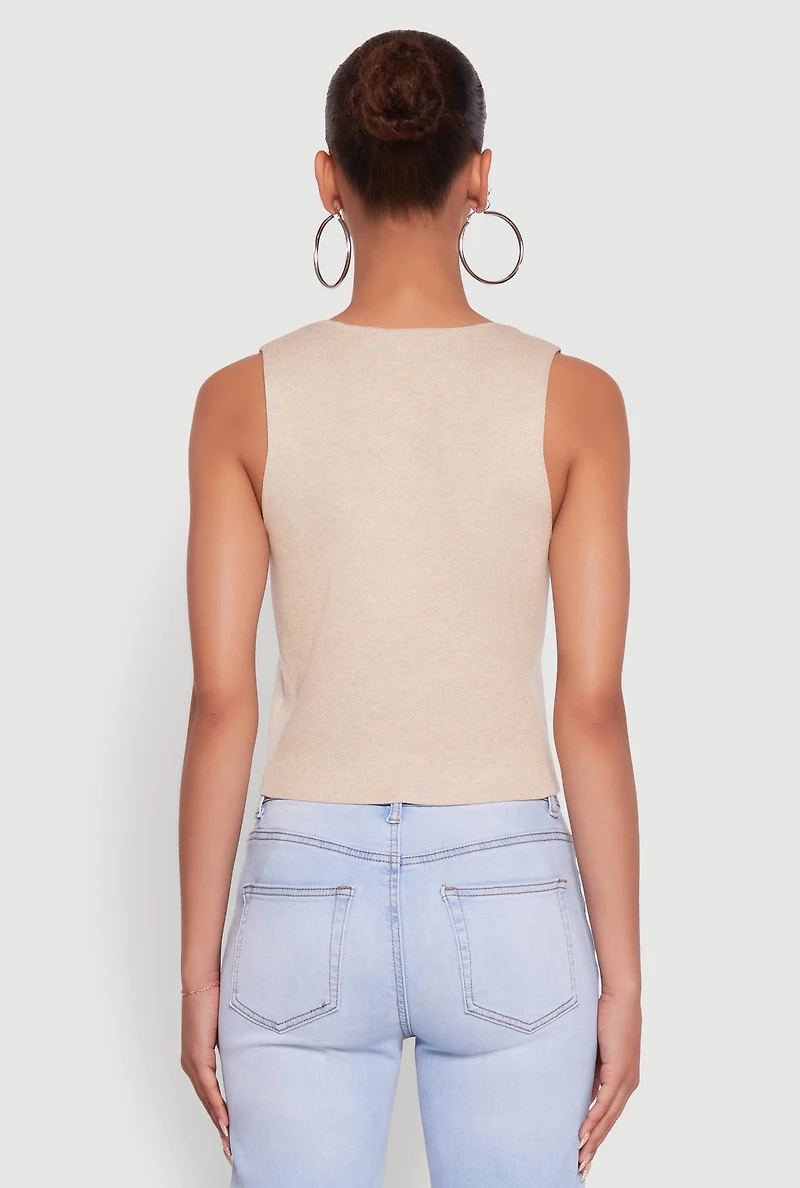 Womens Metallic Button Front Sleeveless Sweater Vest, Beige, Size M