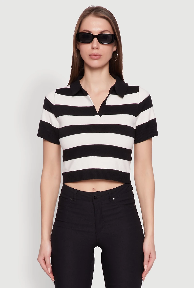 Womens Iris Striped Crop Polo Shirt, Multi, Size S