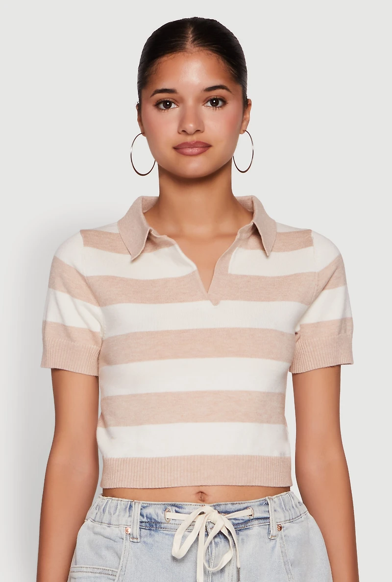 Womens Iris Striped Crop Polo Shirt, Multi, Size L