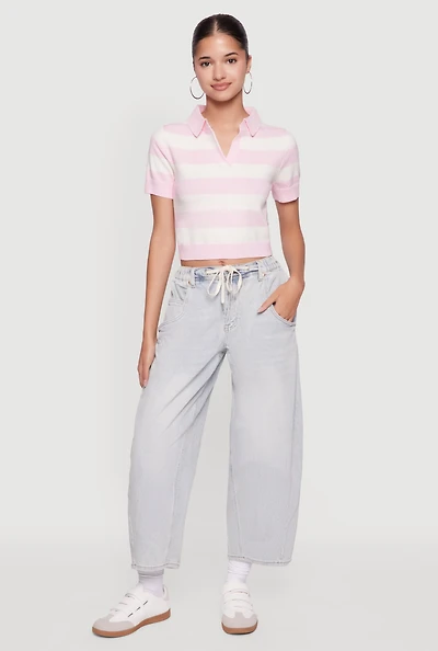 Womens Iris Striped Crop Polo Shirt, Pink, Size M