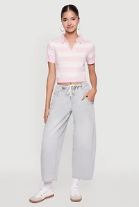 Womens Iris Striped Crop Polo Shirt, Pink, Size S