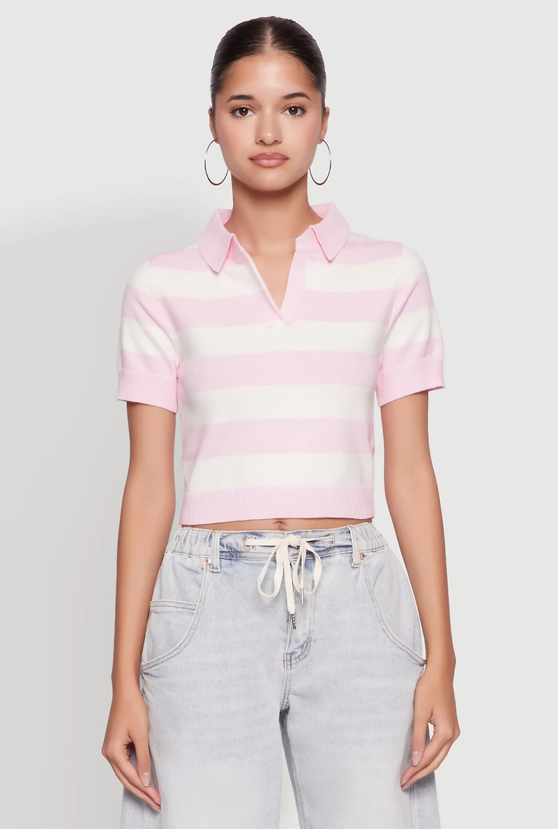 Womens Iris Striped Crop Polo Shirt, Pink, Size M