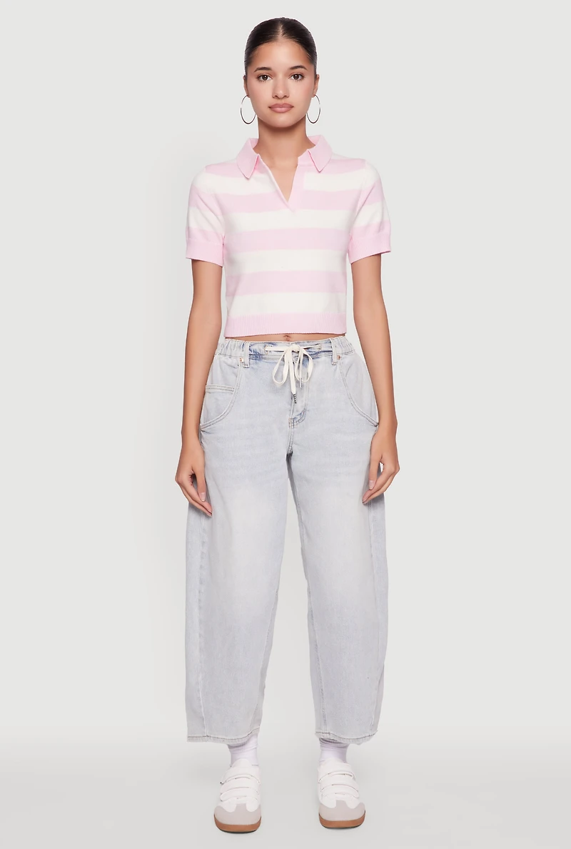Womens Iris Striped Crop Polo Shirt, Pink,