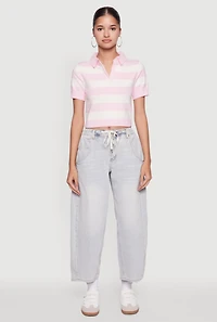 Womens Iris Striped Crop Polo Shirt, Pink, Size S