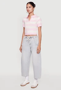 Womens Iris Striped Crop Polo Shirt, Pink, Size S