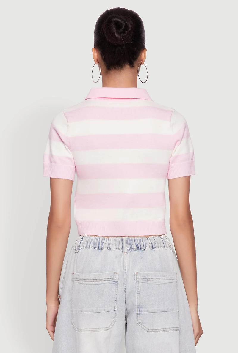 Womens Iris Striped Crop Polo Shirt, Pink, Size M