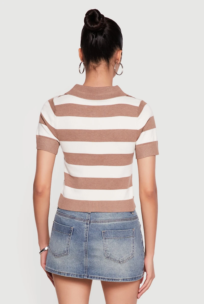 Striped Short Sleeve Cropped Polo Sweater