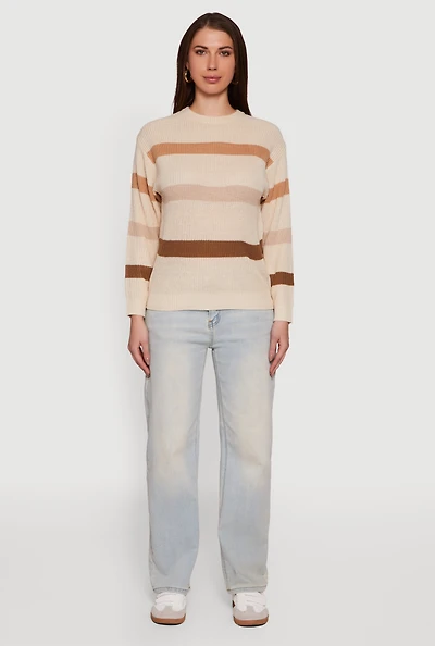 Womens Striped Long Sleeve Crew Neck Sweater, Beige, Size S