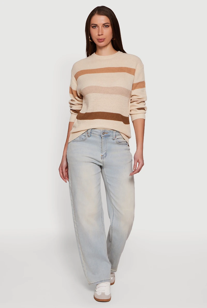 Womens Striped Long Sleeve Crew Neck Sweater, S