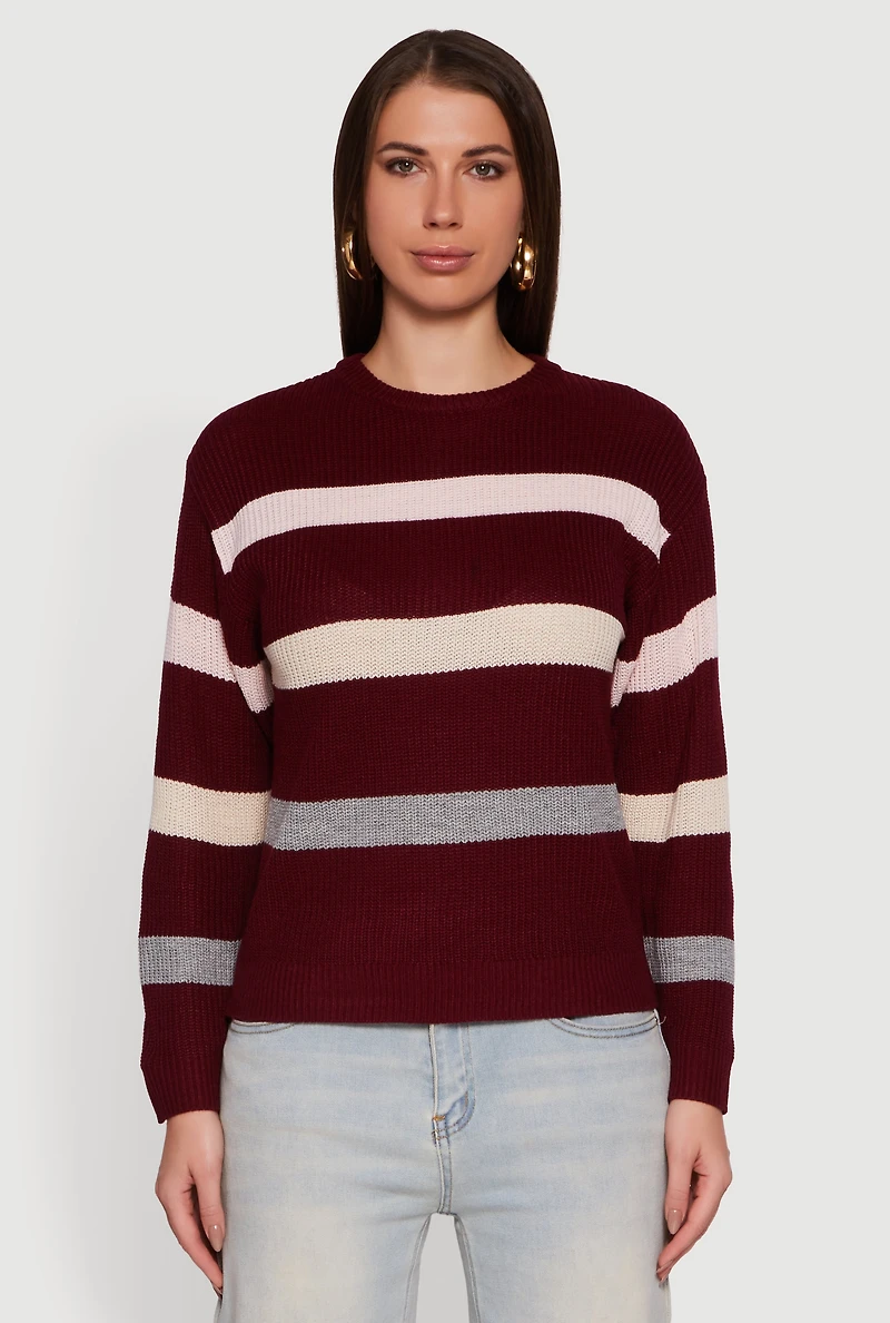 Womens Striped Long Sleeve Crew Neck Sweater, Burgundy, Size M
