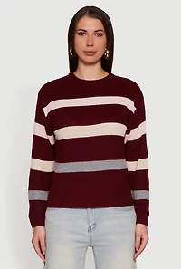 Womens Striped Long Sleeve Crew Neck Sweater, Burgundy, Size M