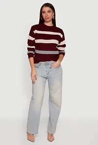 Womens Striped Long Sleeve Crew Neck Sweater, Burgundy, Size M