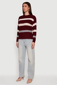 Womens Striped Long Sleeve Crew Neck Sweater, Burgundy, Size M