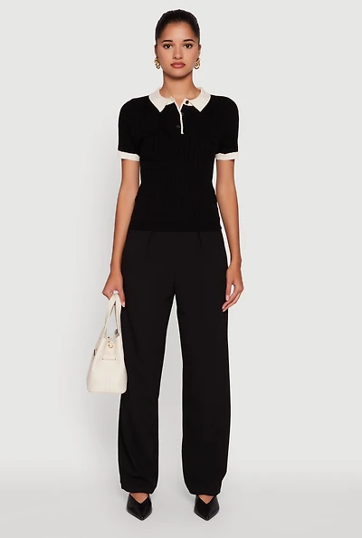 Womens Contrast Trim Cable Knit Sweater Polo, Black, Size M