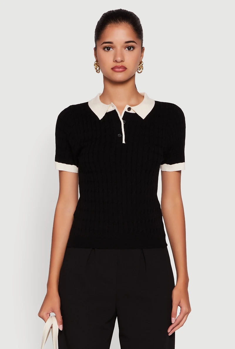 Womens Contrast Trim Cable Knit Sweater Polo, Black, Size L