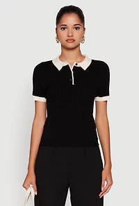 Womens Contrast Trim Cable Knit Sweater Polo, Black, Size L