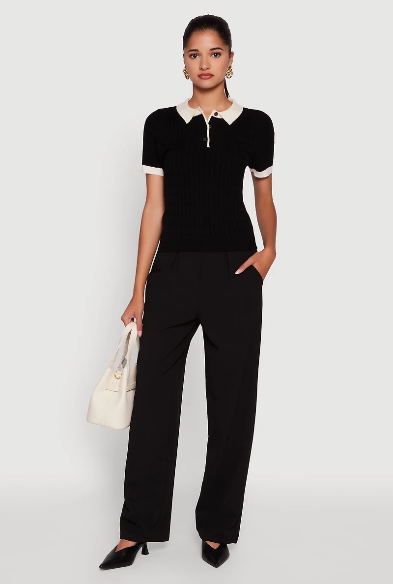 Womens Contrast Trim Cable Knit Sweater Polo, Black, Size L