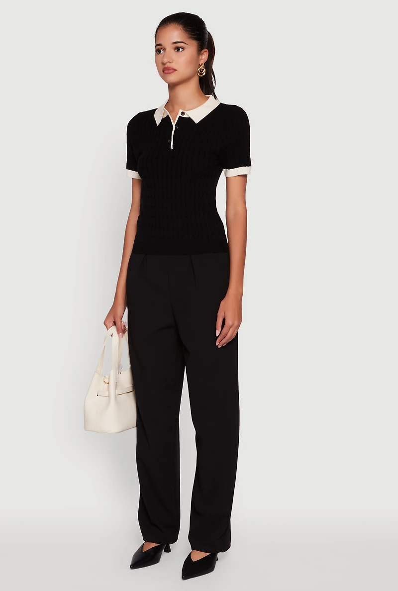 Womens Contrast Trim Cable Knit Sweater Polo, Black, Size L