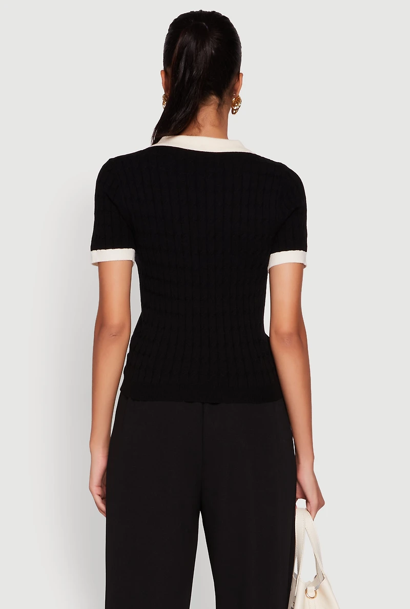 Womens Contrast Trim Cable Knit Sweater Polo, Black, Size L