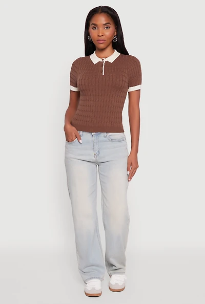 Womens Contrast Trim Cable Knit Sweater Polo, Brown, Size M