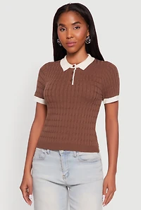 Womens Contrast Trim Cable Knit Sweater Polo, Brown, Size M