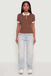 Womens Contrast Trim Cable Knit Sweater Polo, Brown, Size M