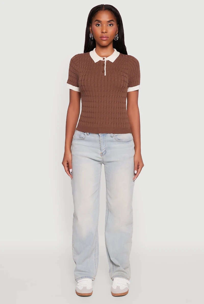 Womens Contrast Trim Cable Knit Sweater Polo, Brown, Size S