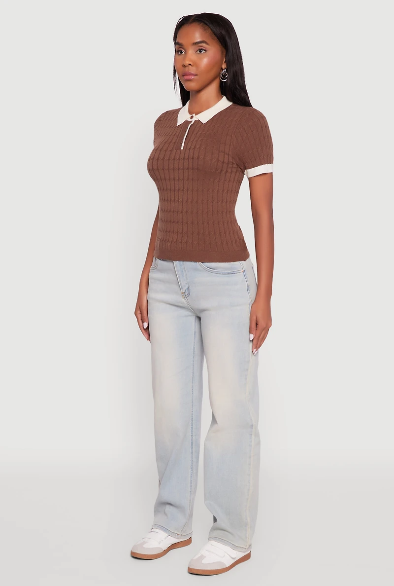 Womens Contrast Trim Cable Knit Sweater Polo, Brown, Size M