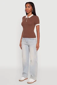 Womens Contrast Trim Cable Knit Sweater Polo, Brown, Size M
