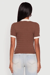 Womens Contrast Trim Cable Knit Sweater Polo, Brown, Size M