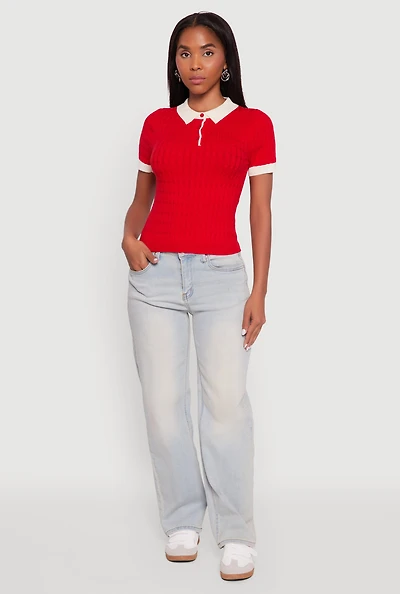Womens Contrast Trim Cable Knit Sweater Polo, Red, Size L