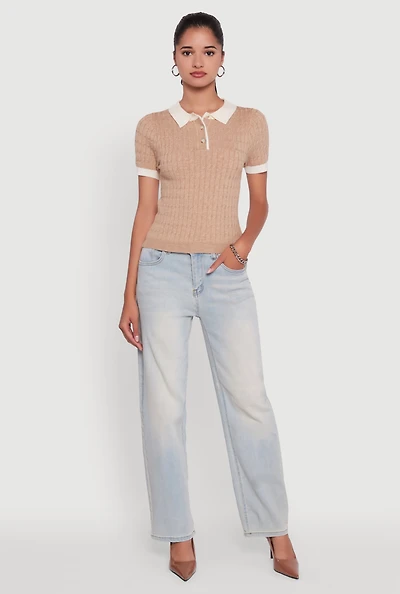 Womens Contrast Trim Cable Knit Sweater Polo,