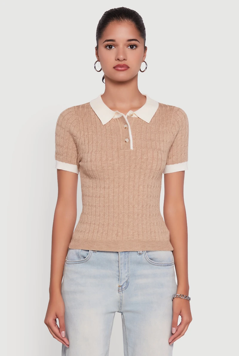 Womens Contrast Trim Cable Knit Sweater Polo,