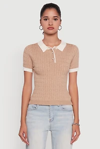 Womens Contrast Trim Cable Knit Sweater Polo,