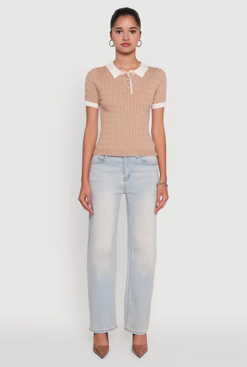 Womens Contrast Trim Cable Knit Sweater Polo, Beige, Size M