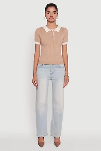 Womens Contrast Trim Cable Knit Sweater Polo, Beige, Size M