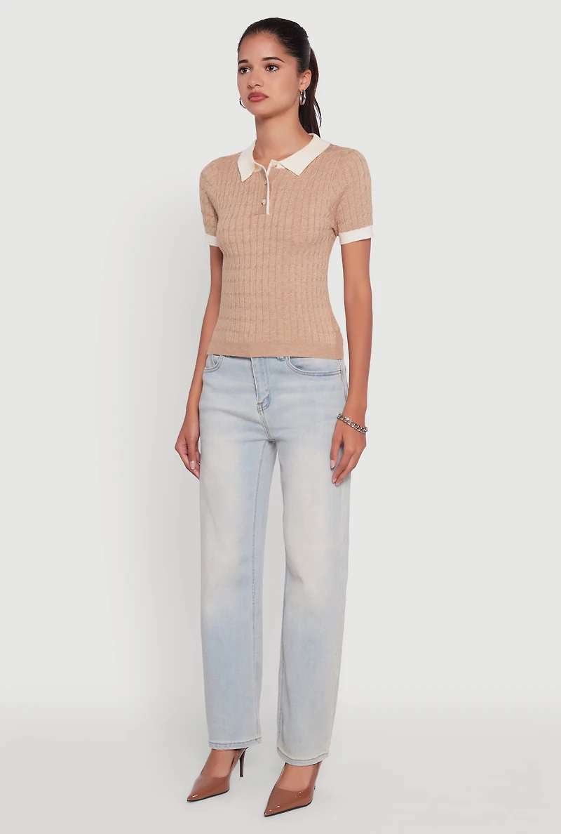 Womens Contrast Trim Cable Knit Sweater Polo, Beige, Size M