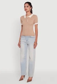 Womens Contrast Trim Cable Knit Sweater Polo, Beige, Size M