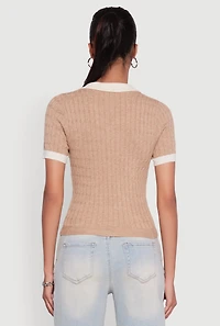 Womens Contrast Trim Cable Knit Sweater Polo,