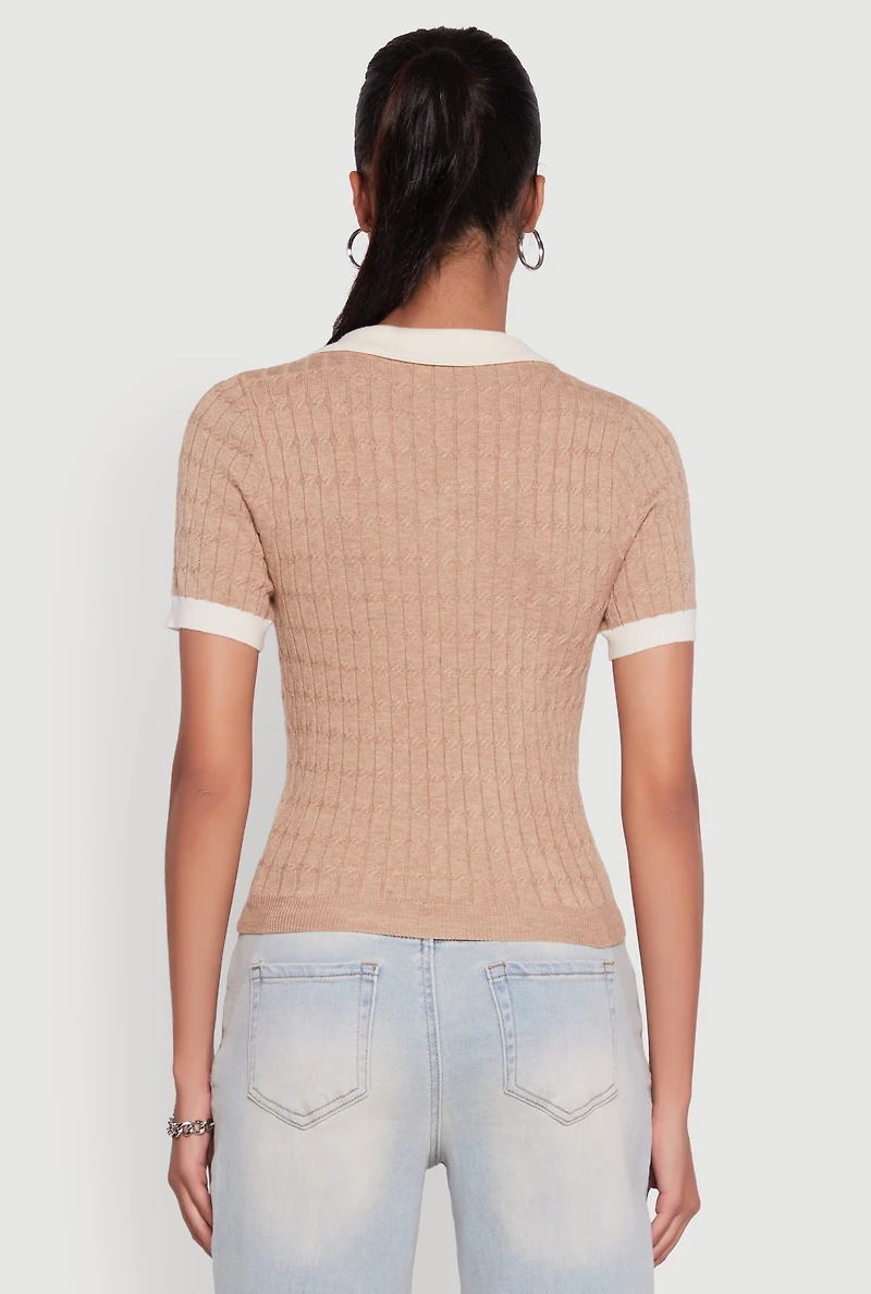Womens Contrast Trim Cable Knit Sweater Polo, Beige, Size M