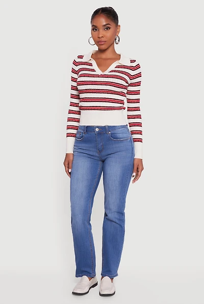 Womens Striped Cable Knit Polo Sweater, White, Size L