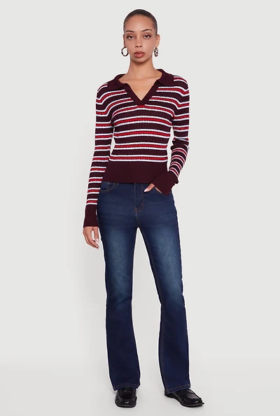 Striped Cable Knit Polo Sweater