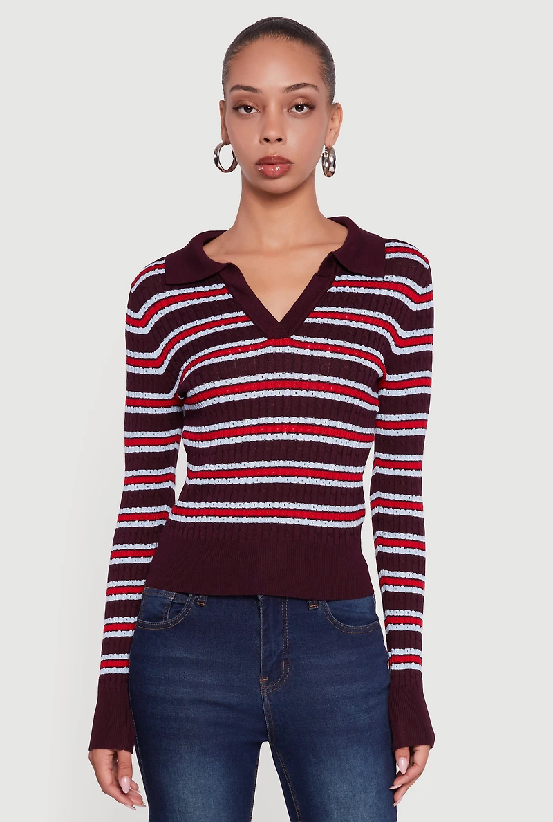Striped Cable Knit Polo Sweater
